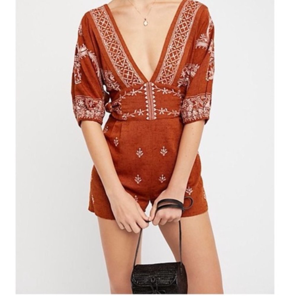 Free People Romper Jumper Onsie Azalea Tribal Embroidered Boho Indie Siz…